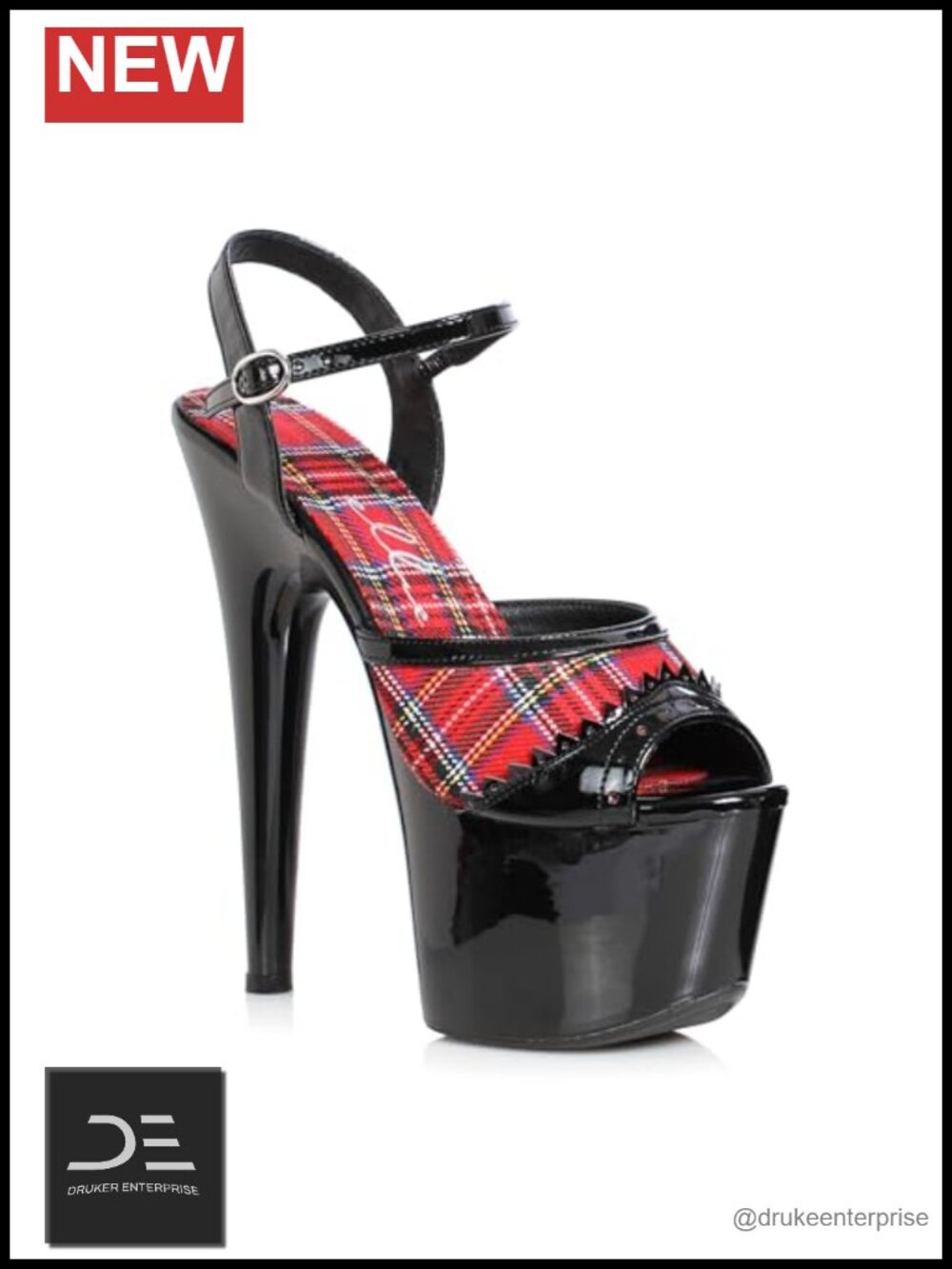 7" Platform Stiletto Sandal with Plaid Upper - Peep Toe Ankle Strap Buckle